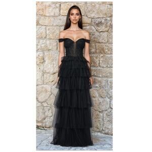 Blondie Nites "Charlotte" Long Mesh Off the Shoulder Ruffle Skirt Dress Size 13